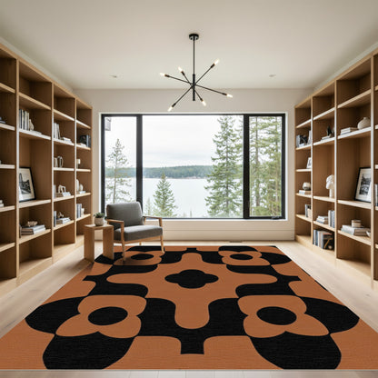 Earthy Brown Black Retro Floral Rug