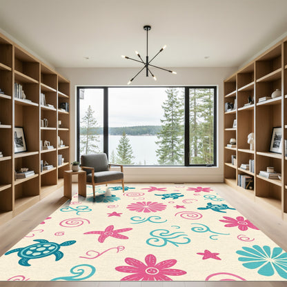 Ocean Turtle Starfish Flora Swirls Rug
