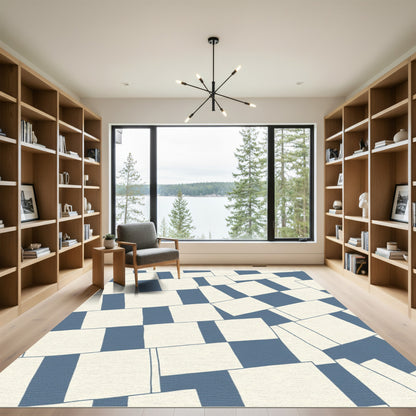 Blue Cream Abstract Block Rectangles Rug
