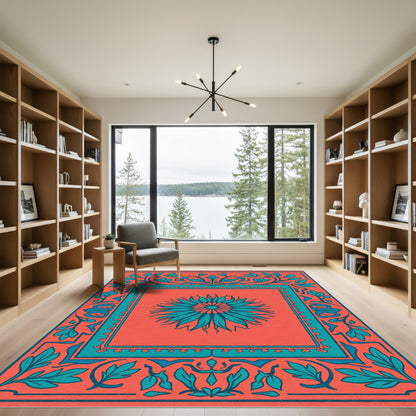 Coral Teal Floral Sunburst Frame Rug