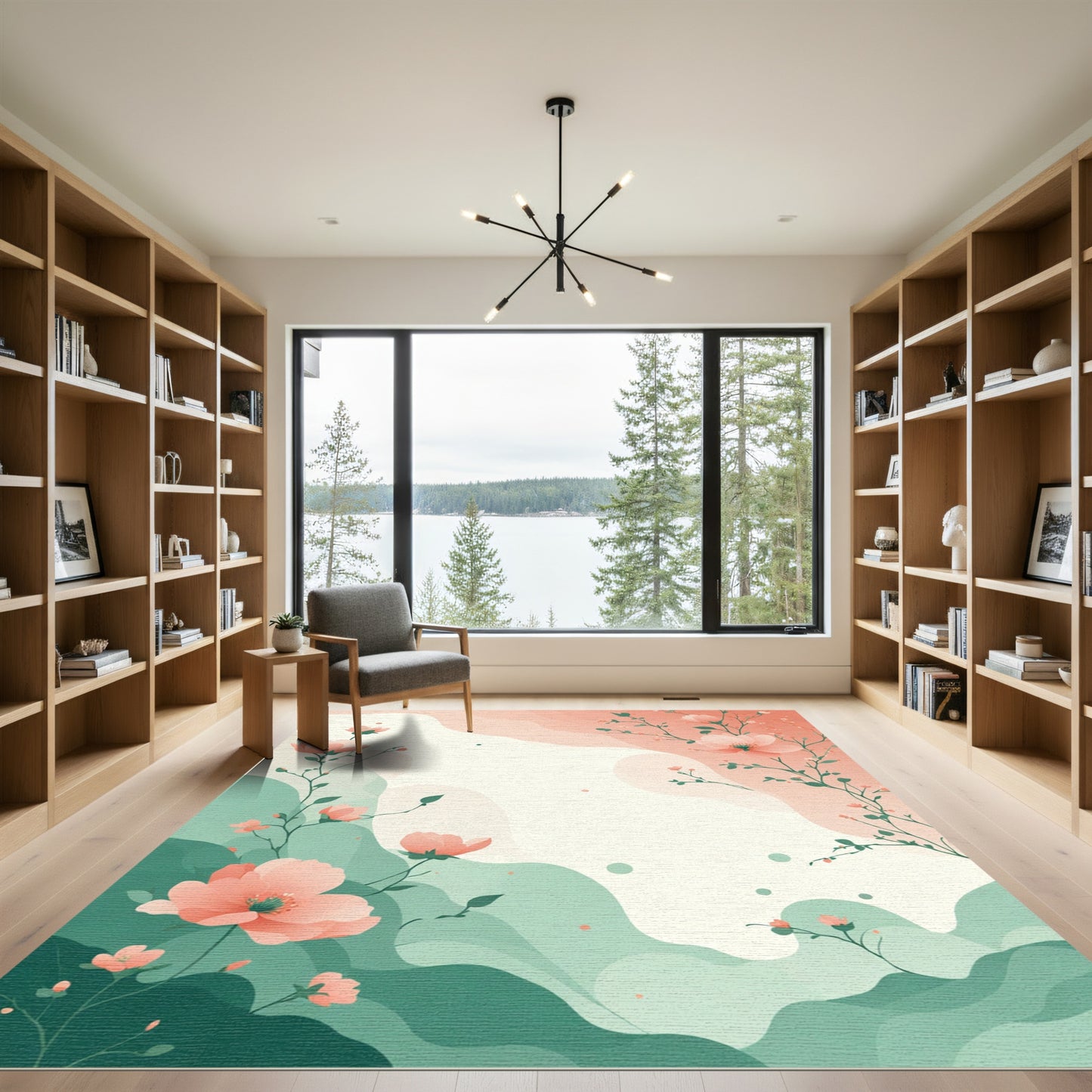 Coral Blossom Branch Flowing Waves Rug