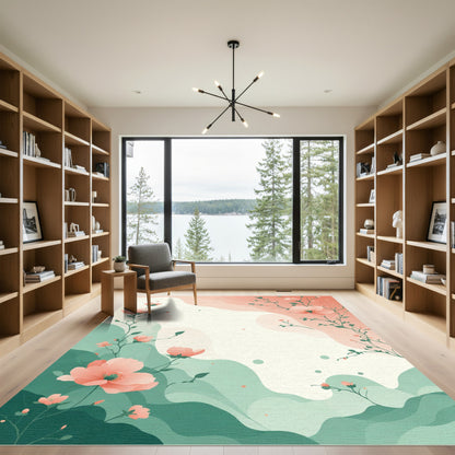 Coral Blossom Branch Flowing Waves Rug