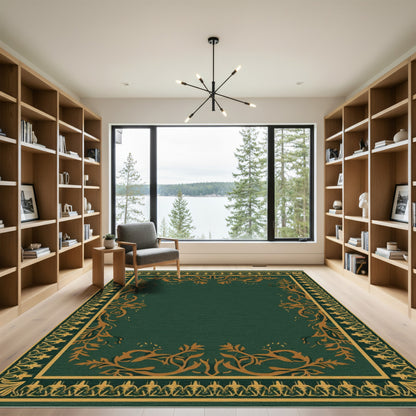 Ornate Gold Green Floral Border Rug