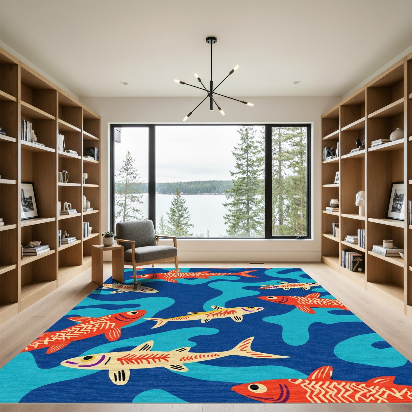 Orange Fish Blue Water Swirl Rug