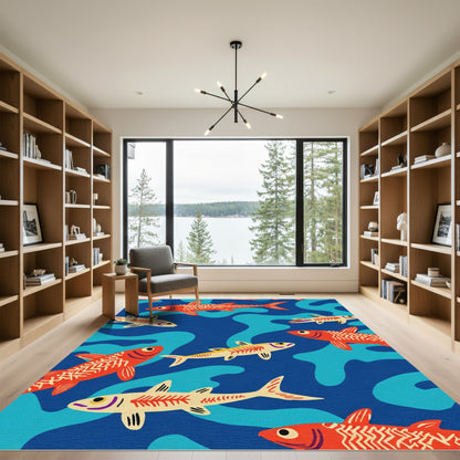 Orange Fish Blue Water Swirl Rug