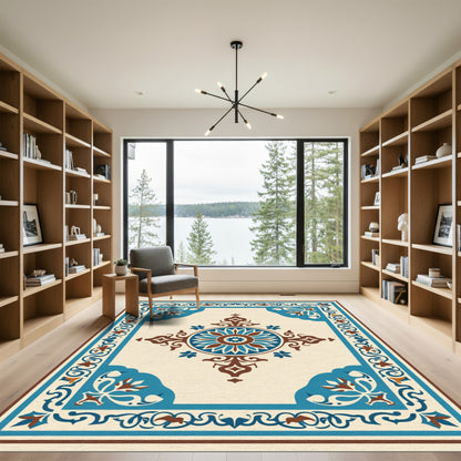Teal Brown Ivory Medallion Border Rug