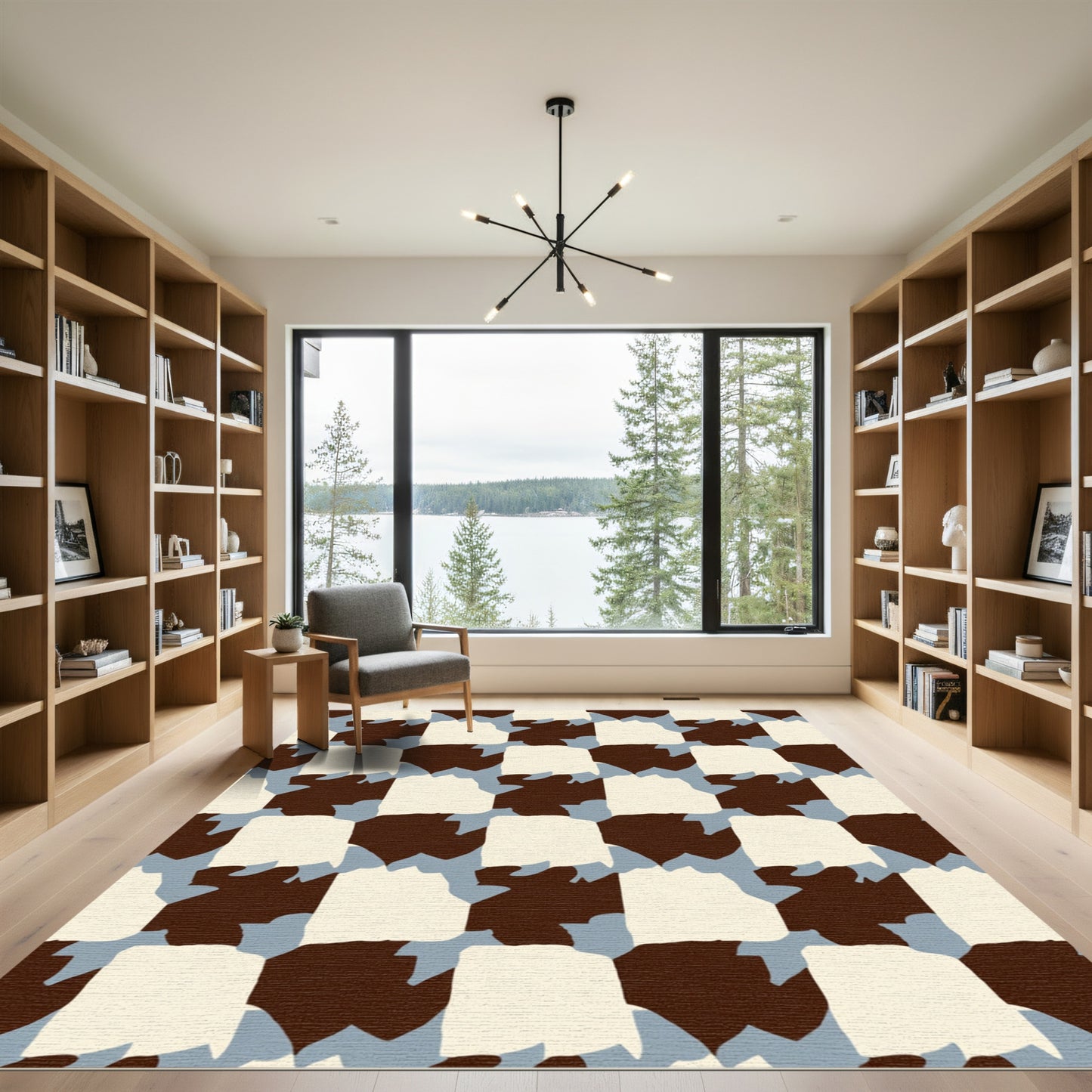 Chocolate Cream Blue Gridded Shapes Rug