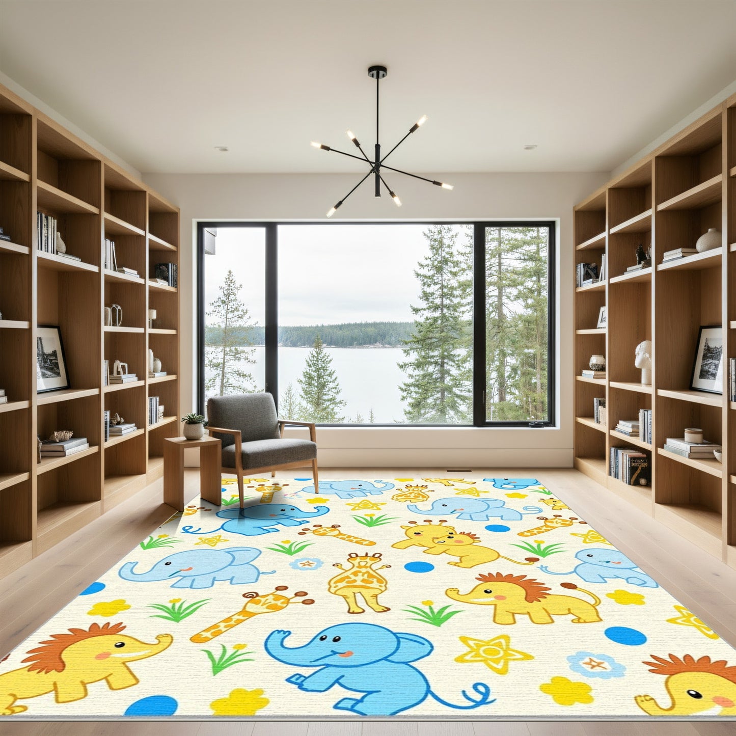 Joyful Blue Elephants Yellow Giraffes Rug