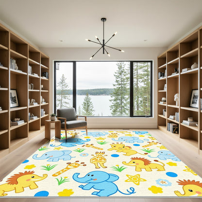 Joyful Blue Elephants Yellow Giraffes Rug