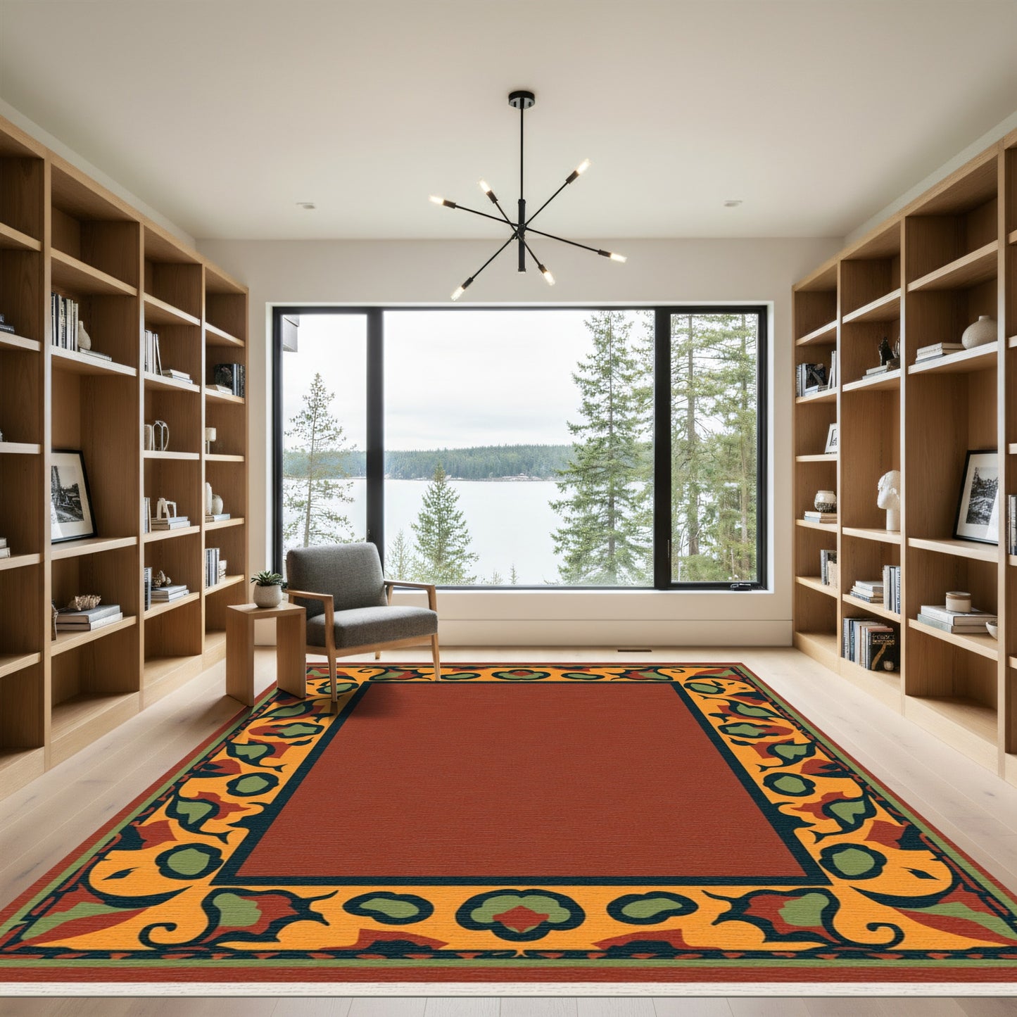 Terracotta Orange Green Floral Border Rug