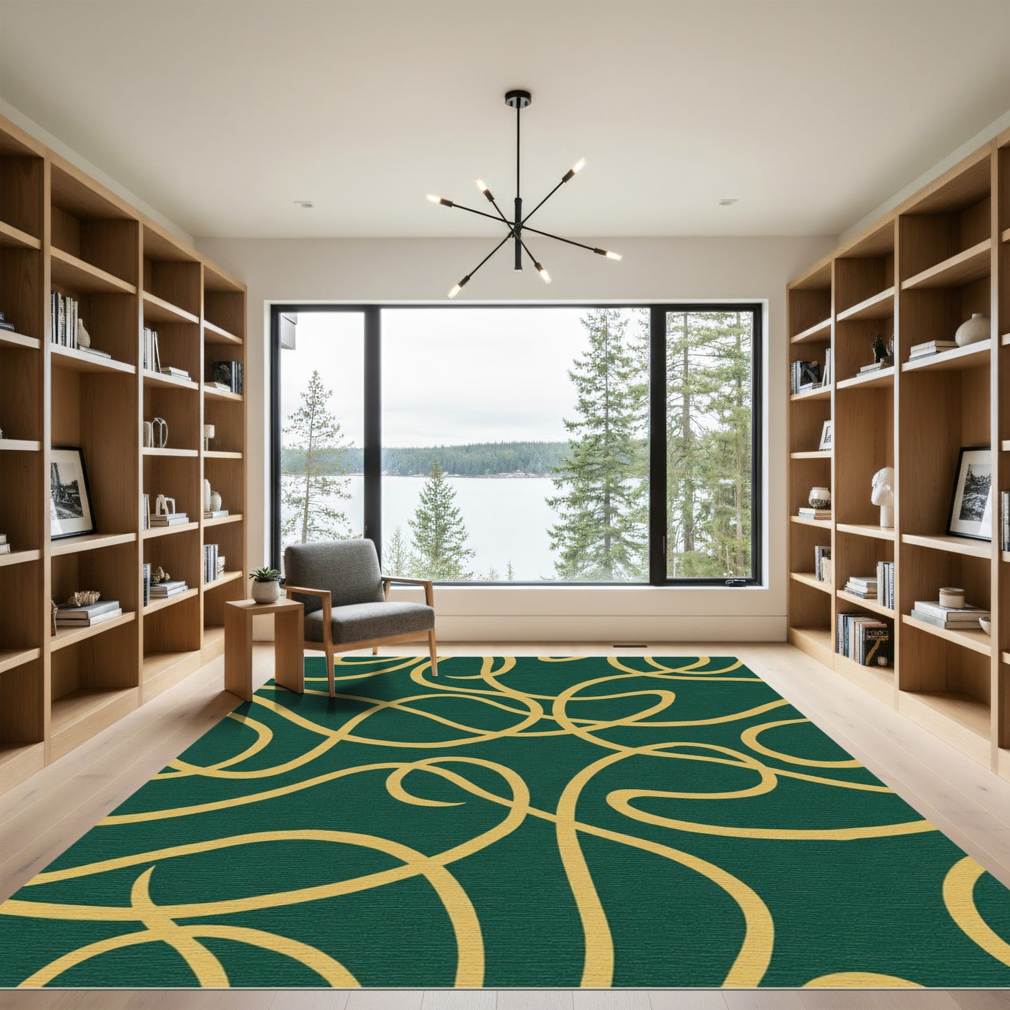 Emerald Gold Swirling Lines Rug