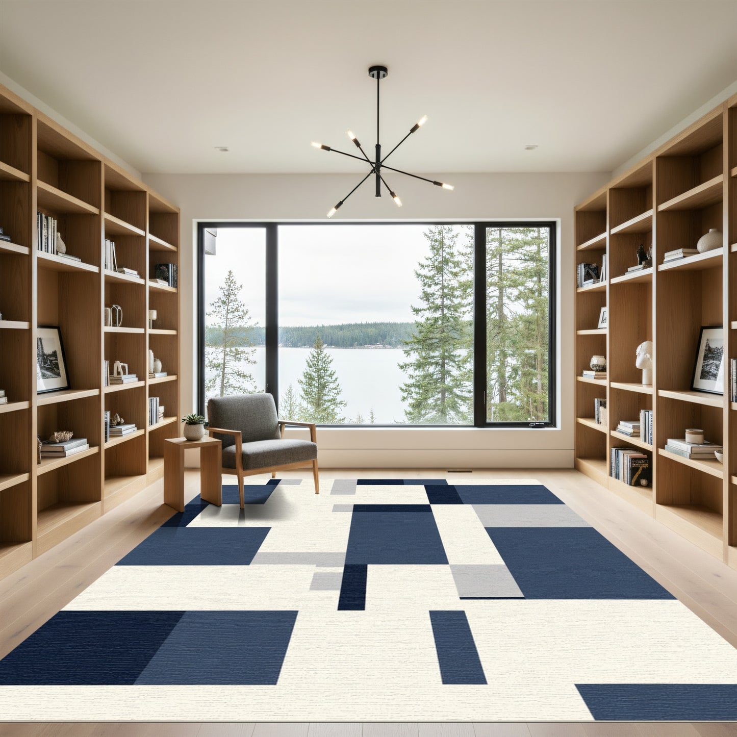 Navy Blue Geometric Abstract Blocks Rug
