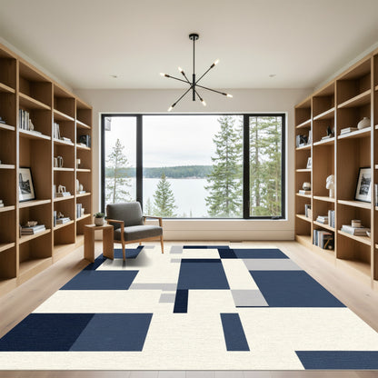 Navy Blue Geometric Abstract Blocks Rug