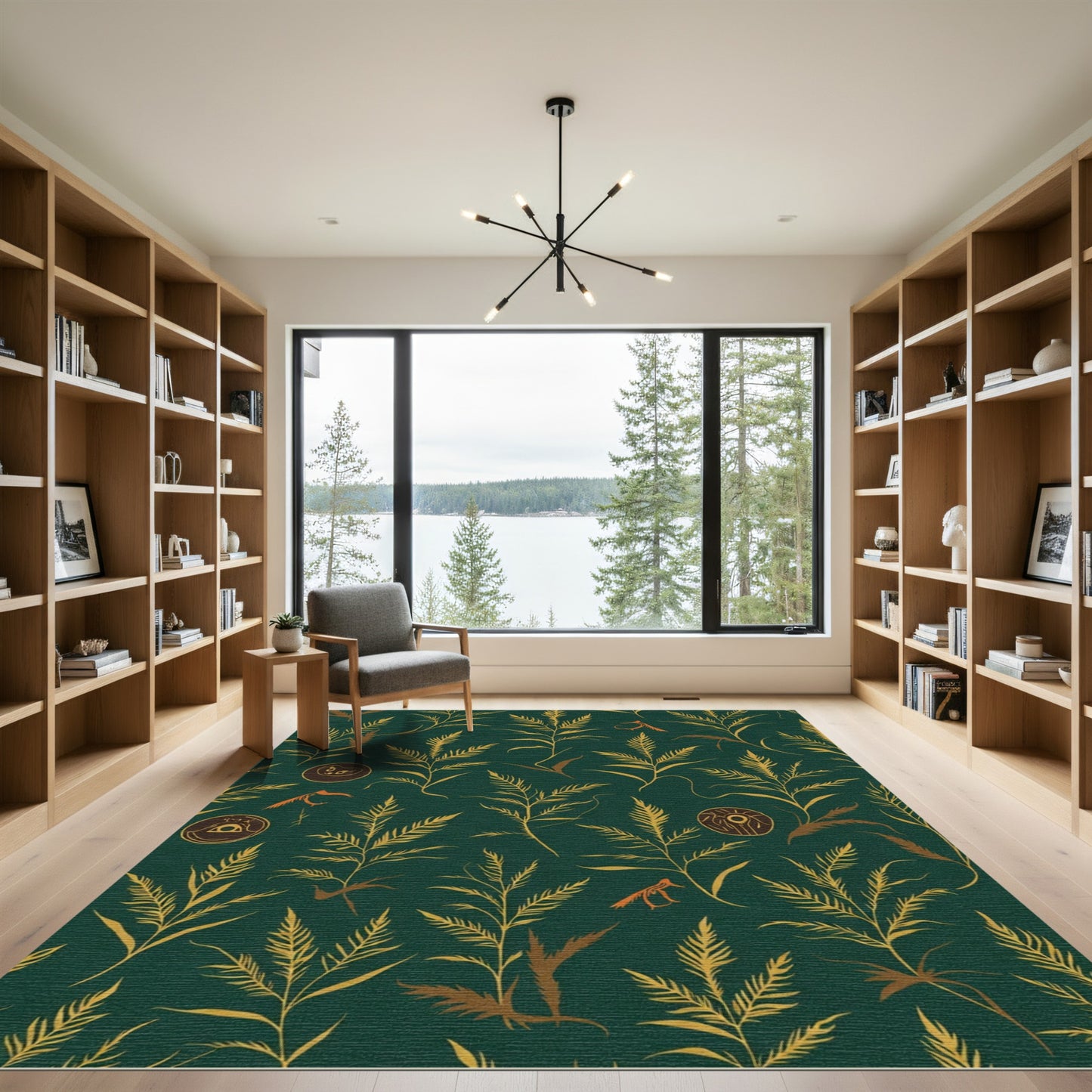 Dark Green Gold Fern Ornate Circular Motif Rug