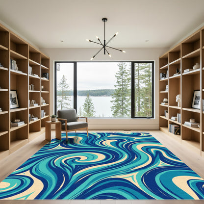 Deep Blue Teal Swirl Abstract Rug