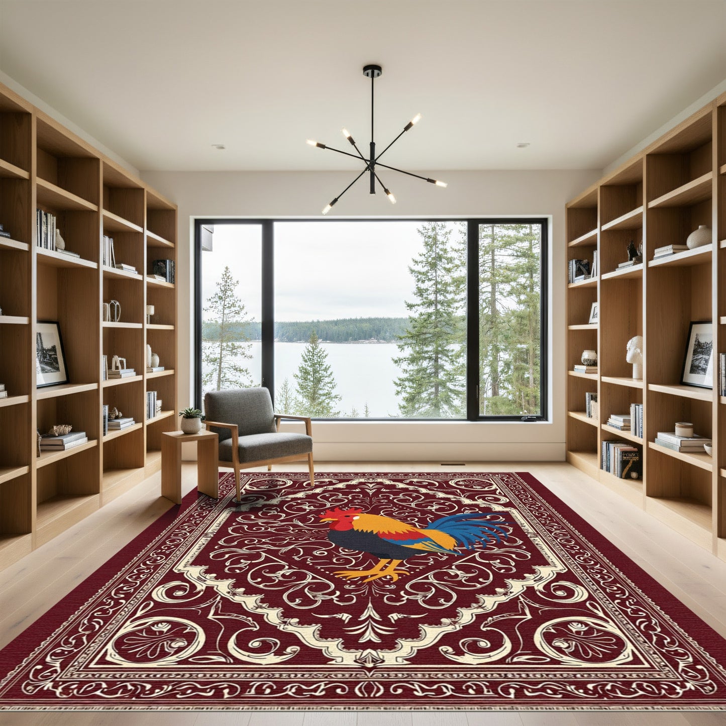 Crimson Rooster Ornate Scrollwork Rug
