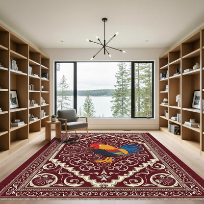 Crimson Rooster Ornate Scrollwork Rug