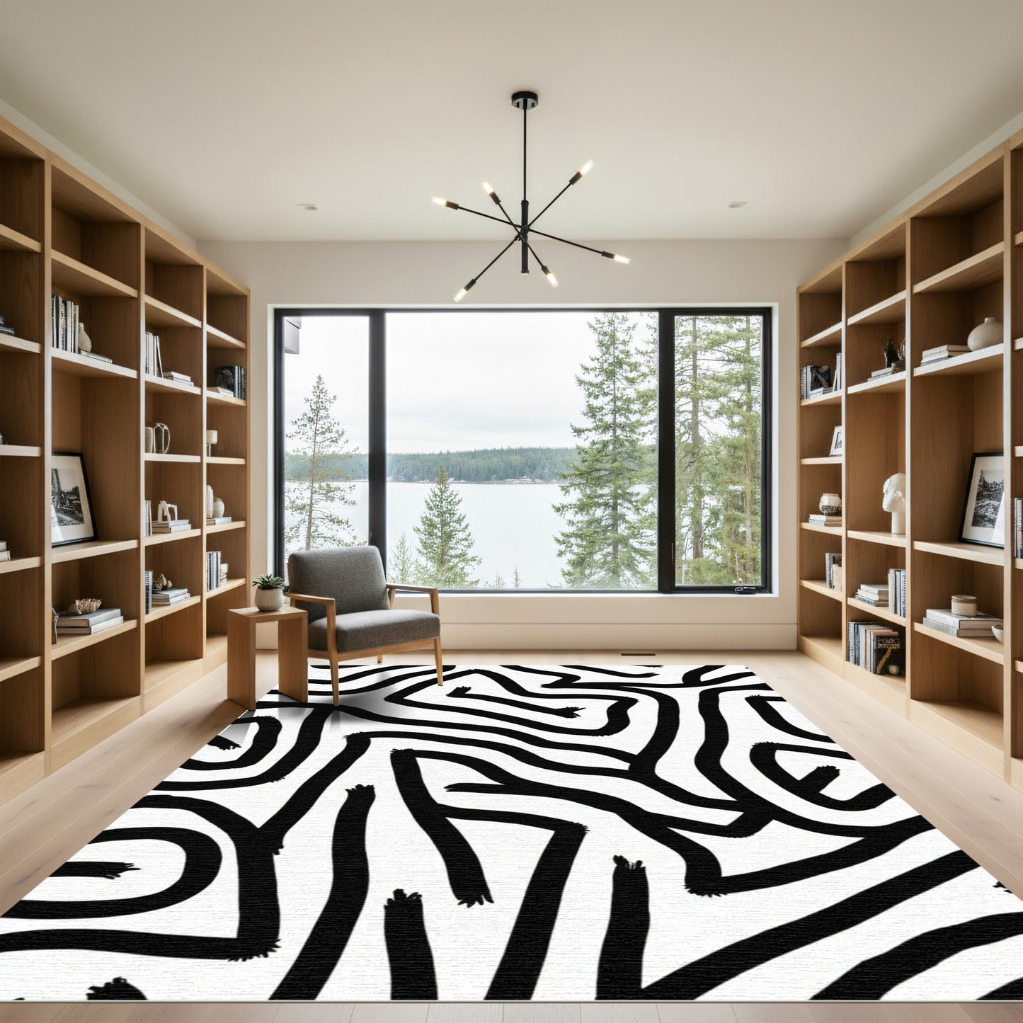 Bold Black White Labyrinth Lines Rug