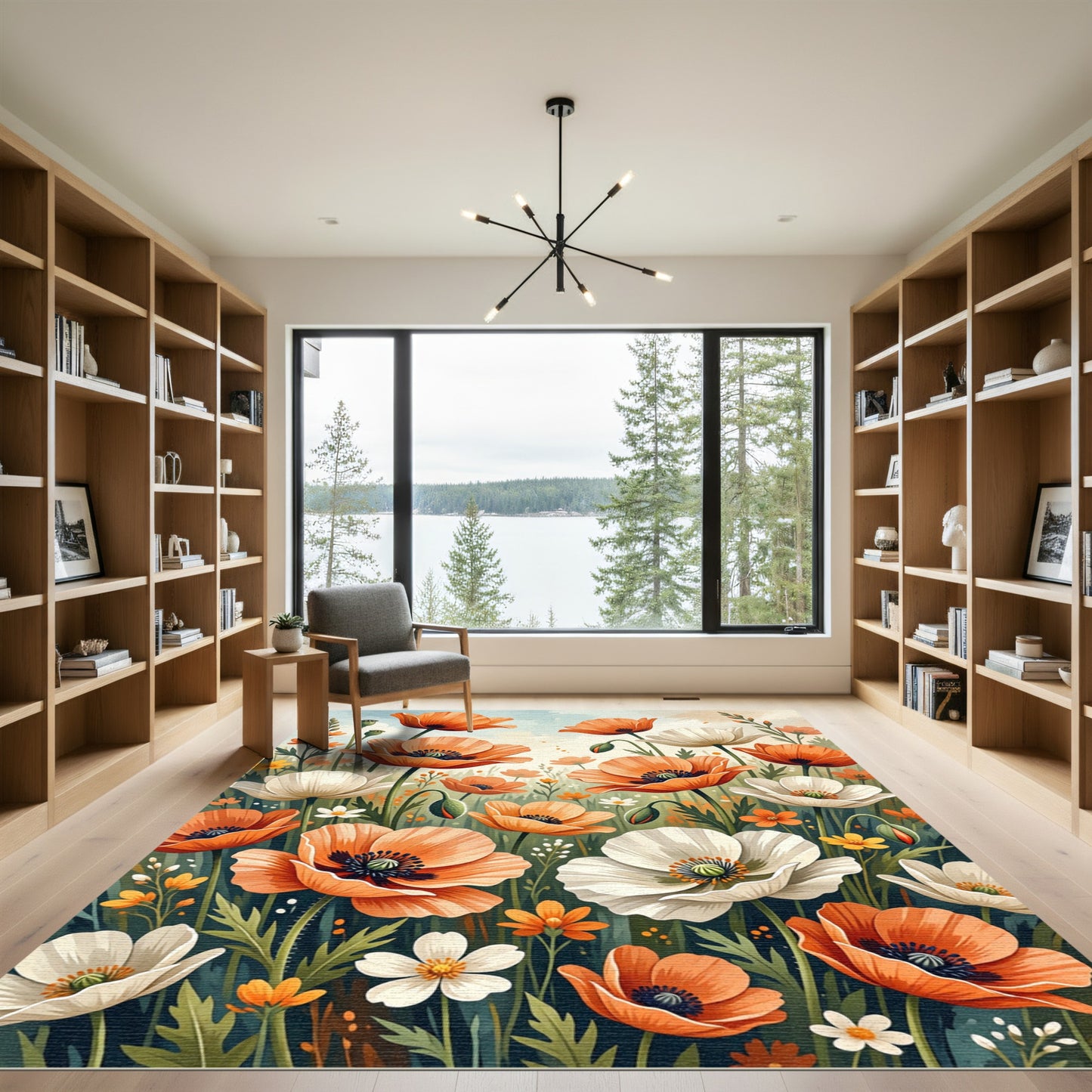 Whimsical Orange White Poppies Meadow Rug