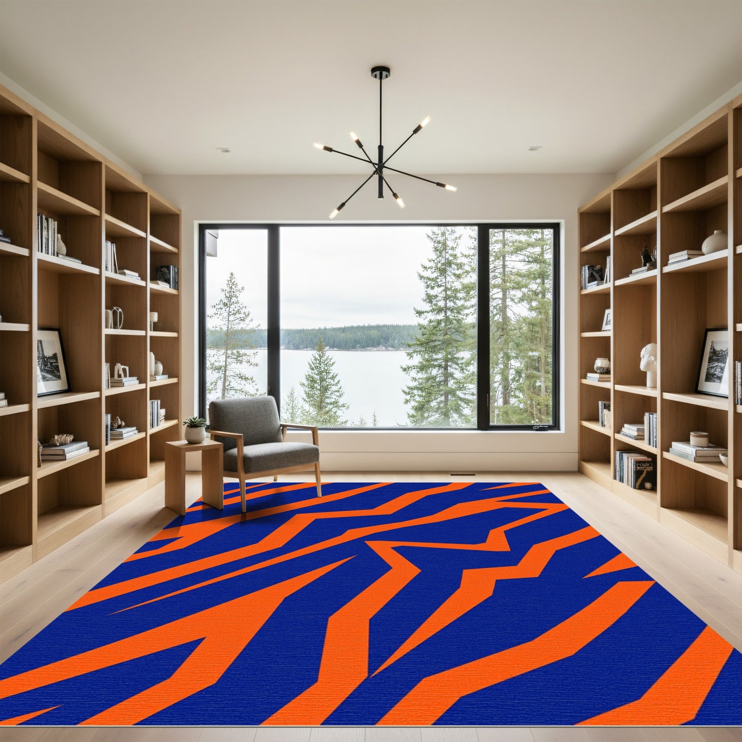 Bold Orange Jagged Stripes Blue Rug