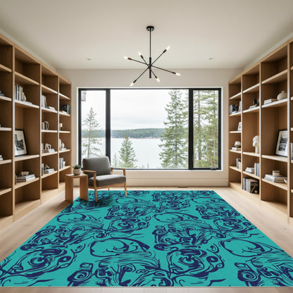 Teal Blue Gestural Figure Collage Rug