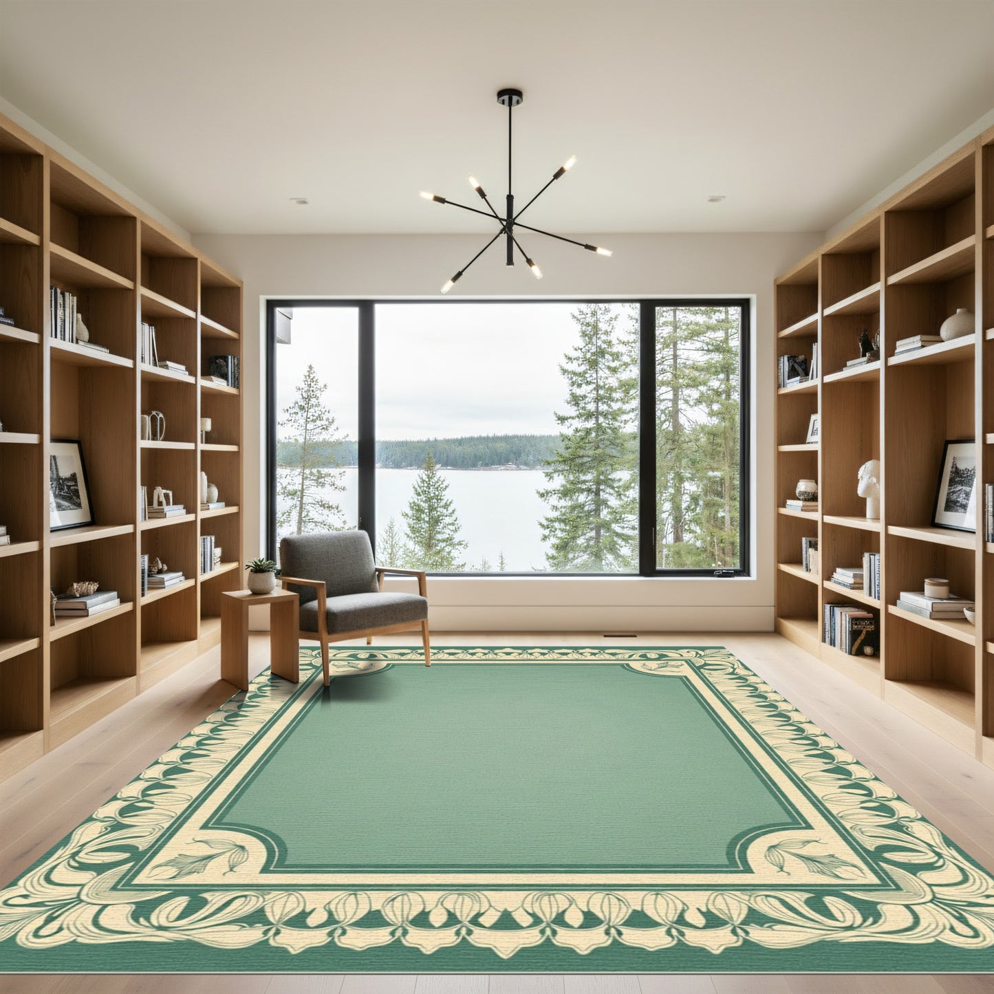 Art Nouveau Teal Floral Border Rug