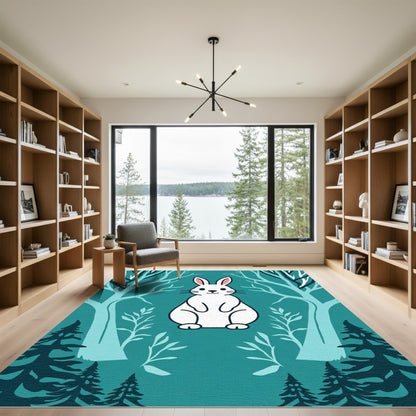 Cute White Bunny Forest Scene Rug