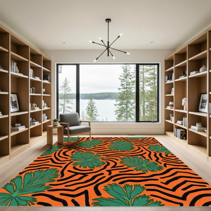 Vibrant Orange Green Leaf Swirl Rug