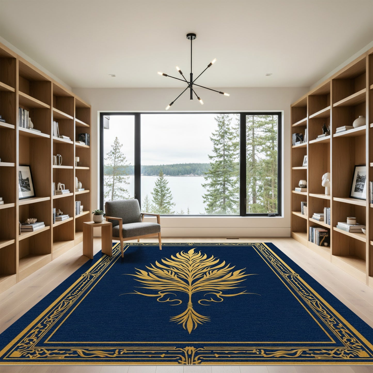 Golden Art Nouveau Foliage Navy Rug