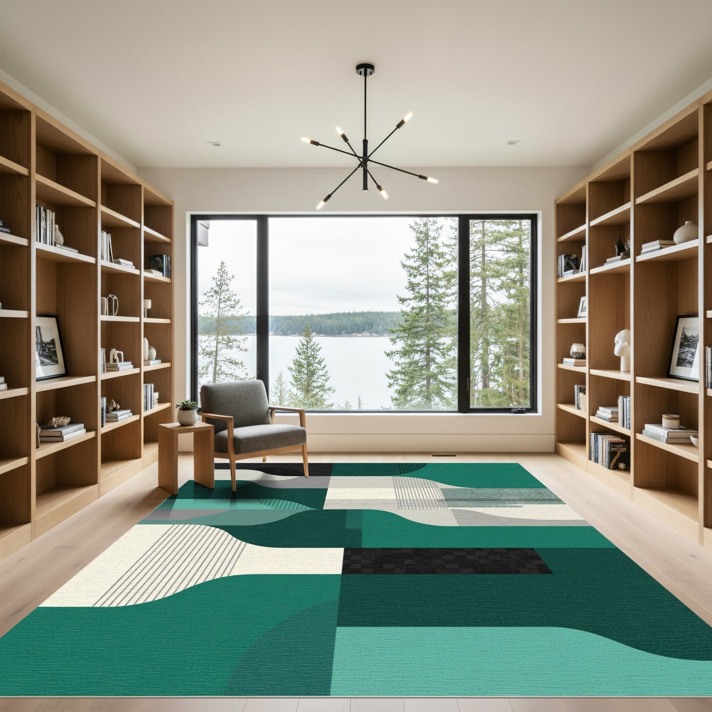 Emerald Green Abstract Geometric Wave Rug