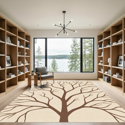 Brown Silhouette Tree Branches on Cream Rug