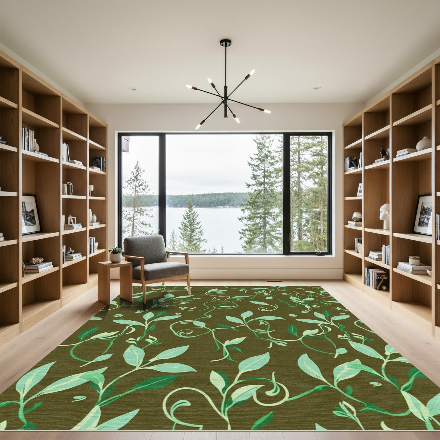 Earthy Green Vine Leaf Arrangement Rug