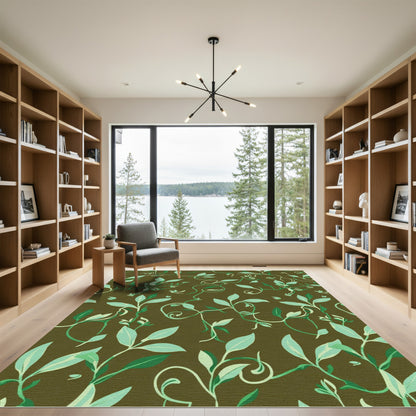 Earthy Green Vine Leaf Arrangement Rug