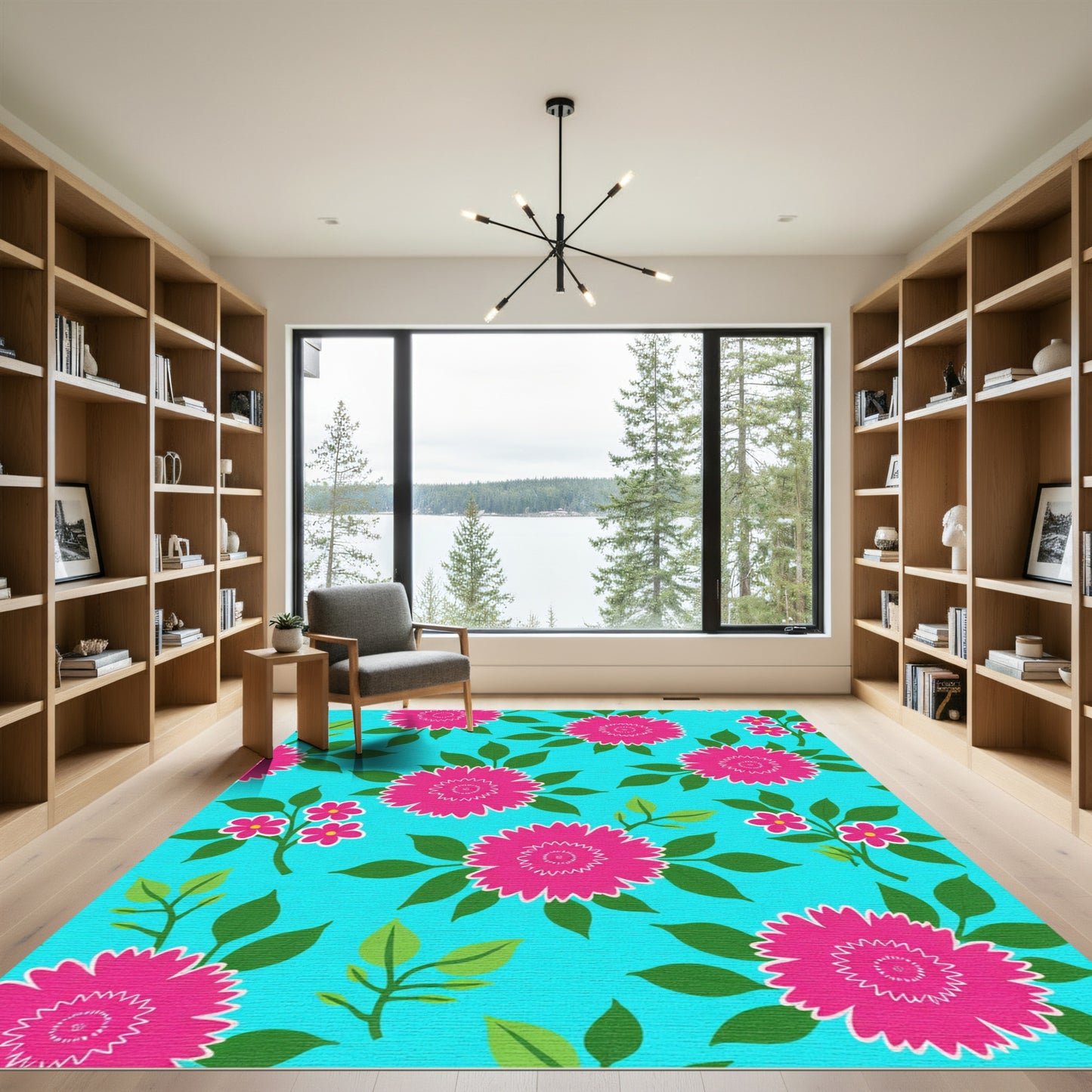 Vibrant Pink Floral Foliage Bright Blue Rug