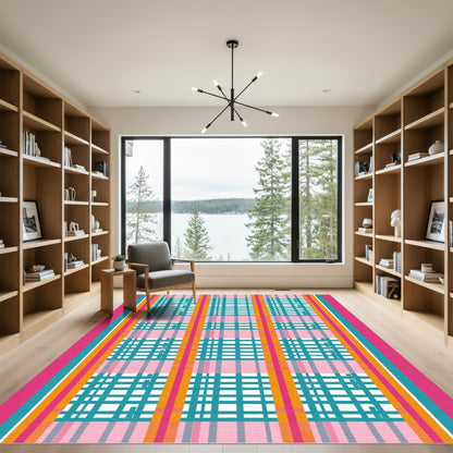 Bright Pink Teal Orange Plaid Rug