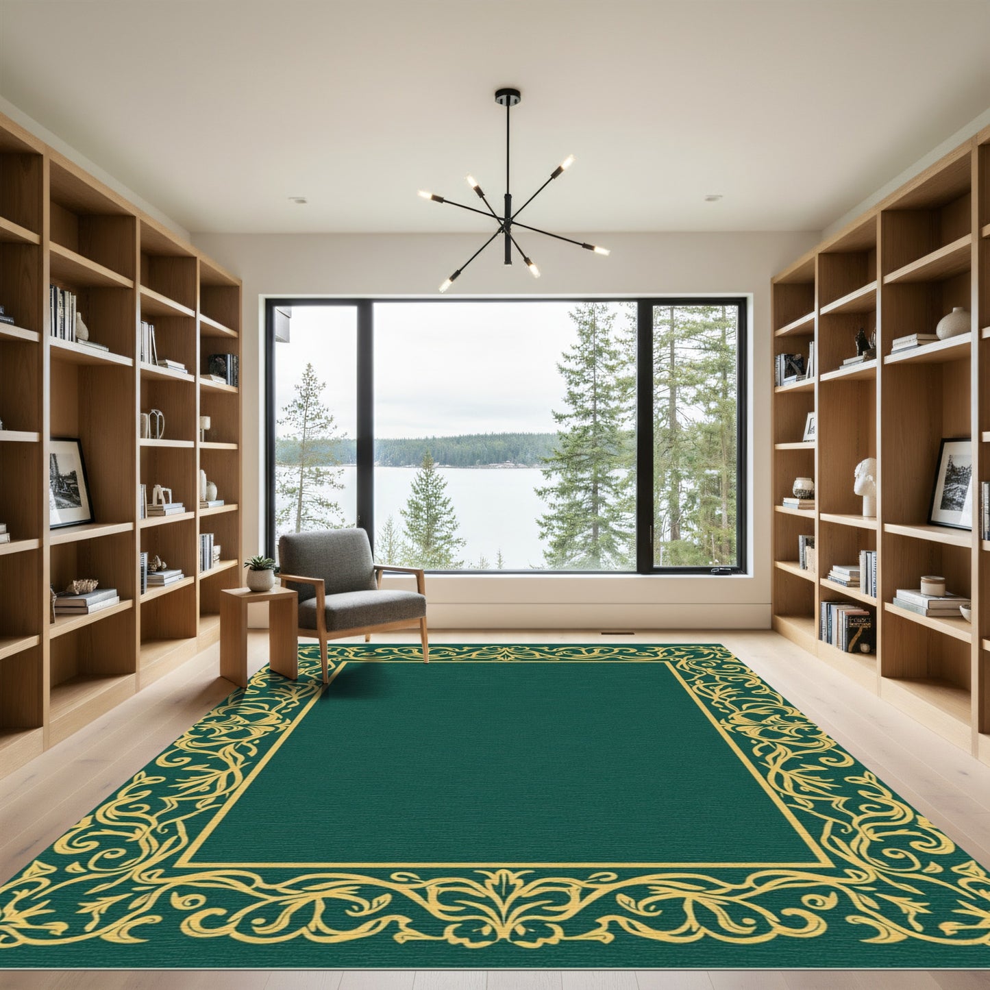 Ornate Gold Vine Border Emerald Center Rug