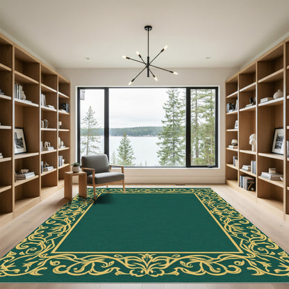 Ornate Gold Vine Border Emerald Center Rug