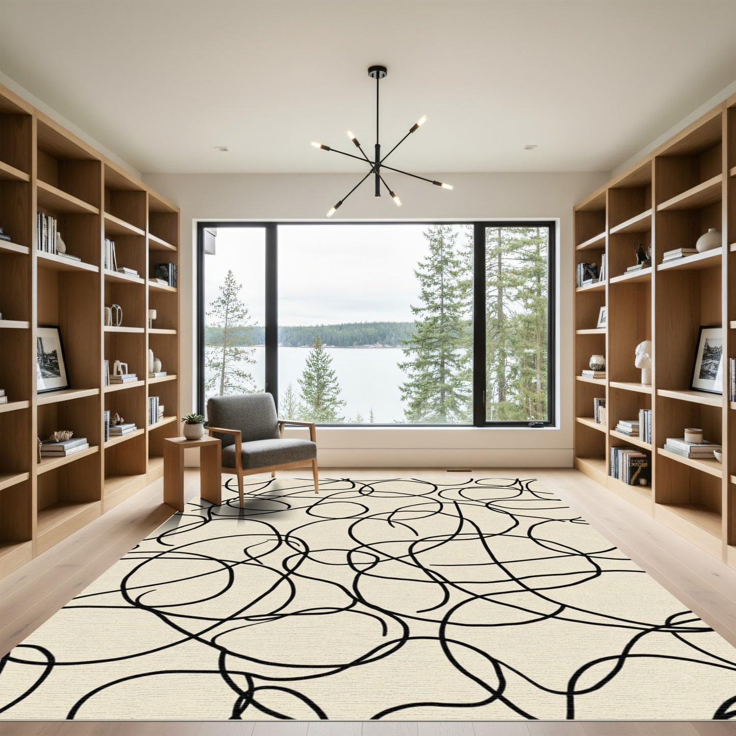 Black Abstract Scribble Line Cream Rug