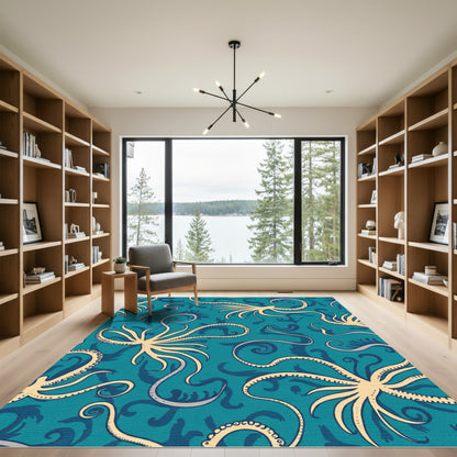 Teal Cream Octopus Swirl Render Rug