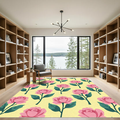 Pink Rose Garden Yellow Background Rug