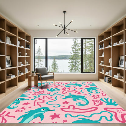 Playful Pink Teal Dolphin Aquatic Scene Rug