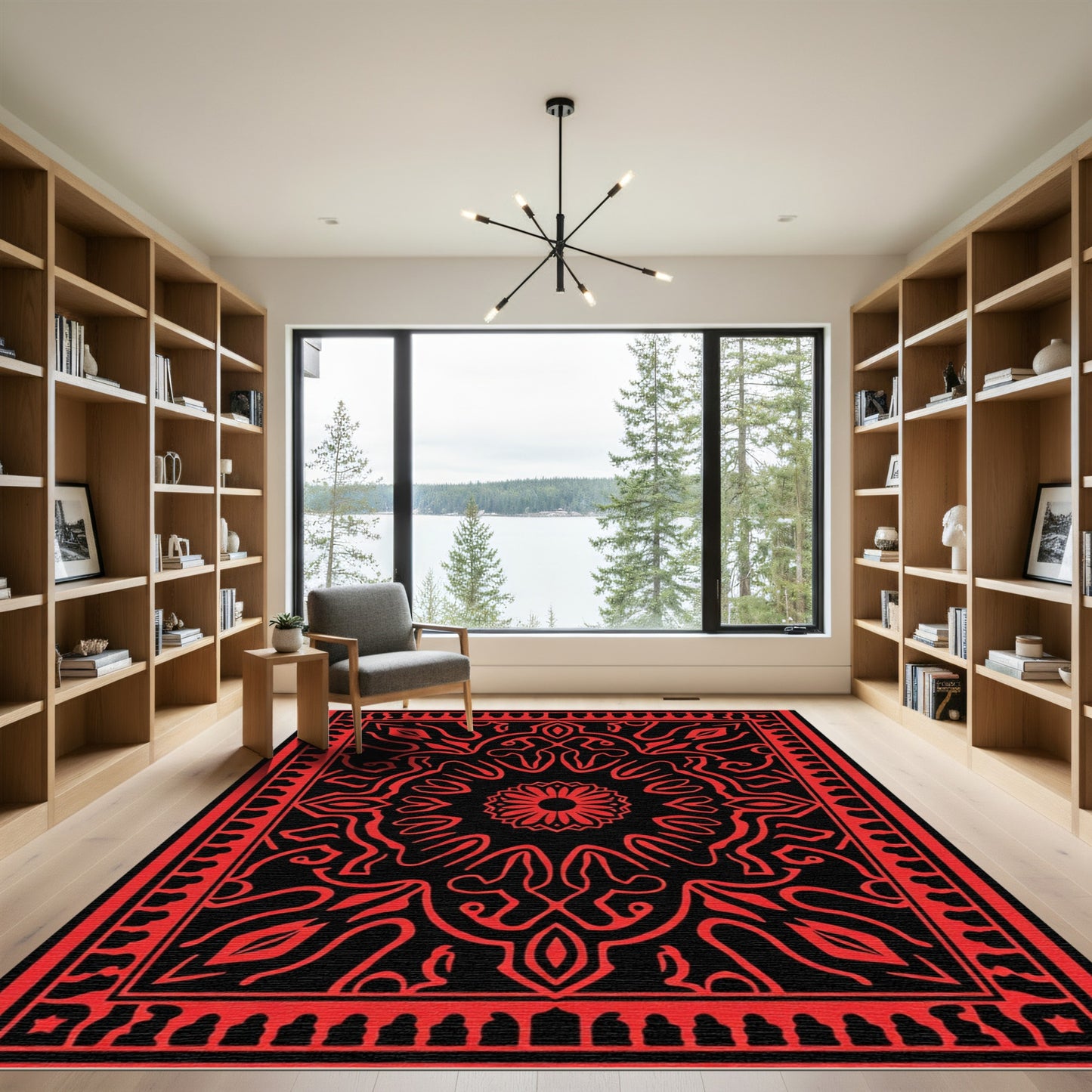 Crimson Medallion Mandala Black Rug