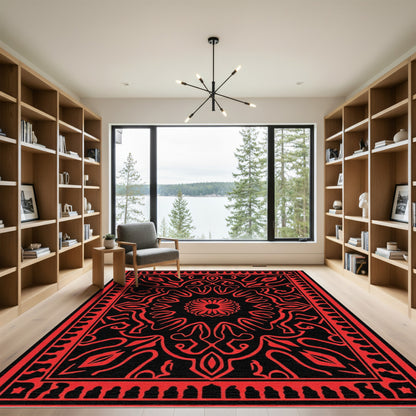 Crimson Medallion Mandala Black Rug