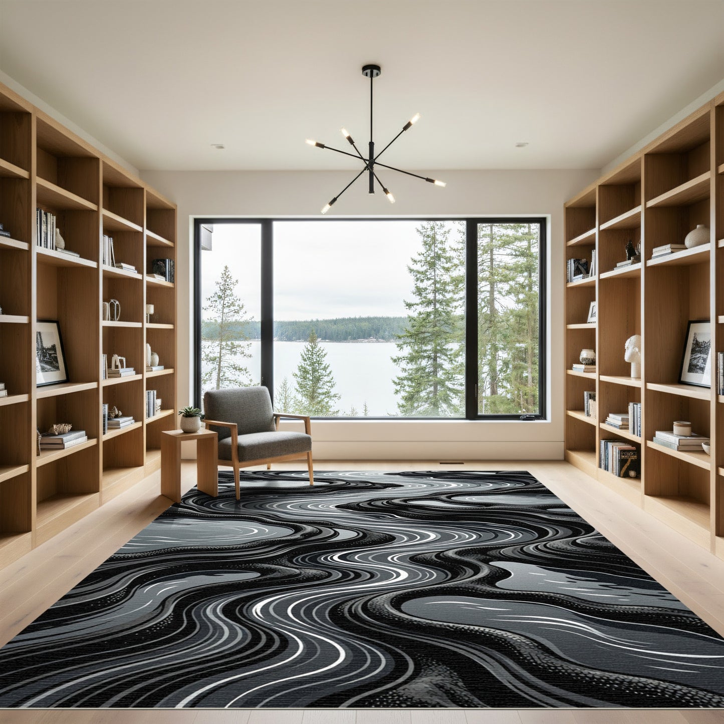 Monochrome Wavy River Landscape Rug