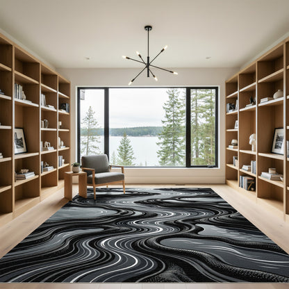 Monochrome Wavy River Landscape Rug