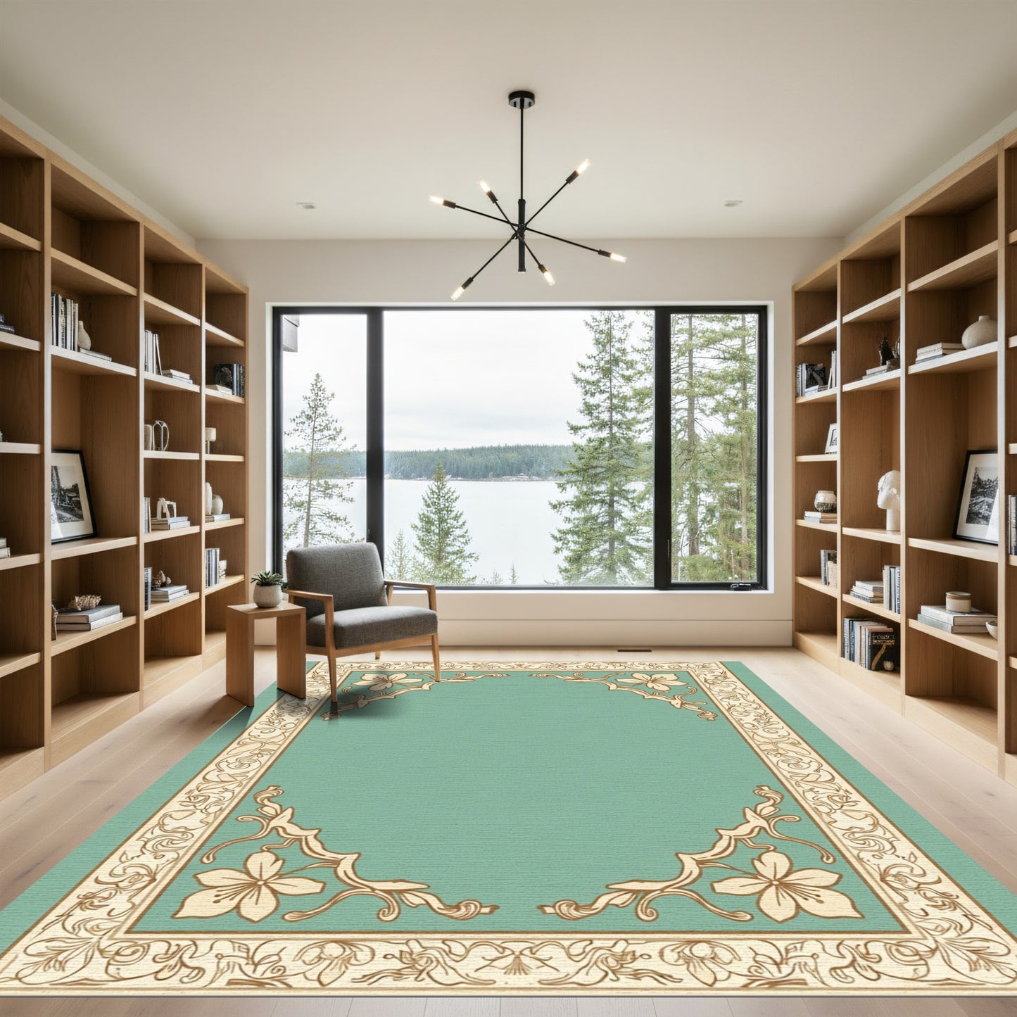 Ornate Teal Border Floral Medallion Rug