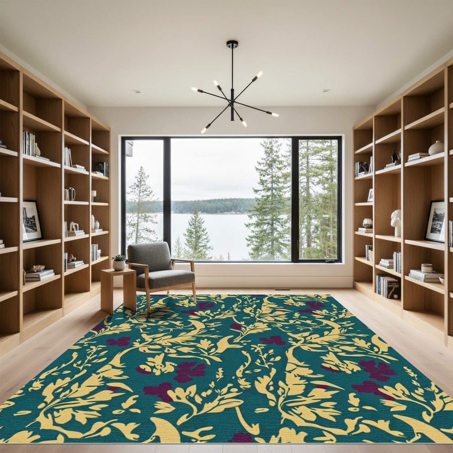 Teal Gold Plum Foliage Floral Rug
