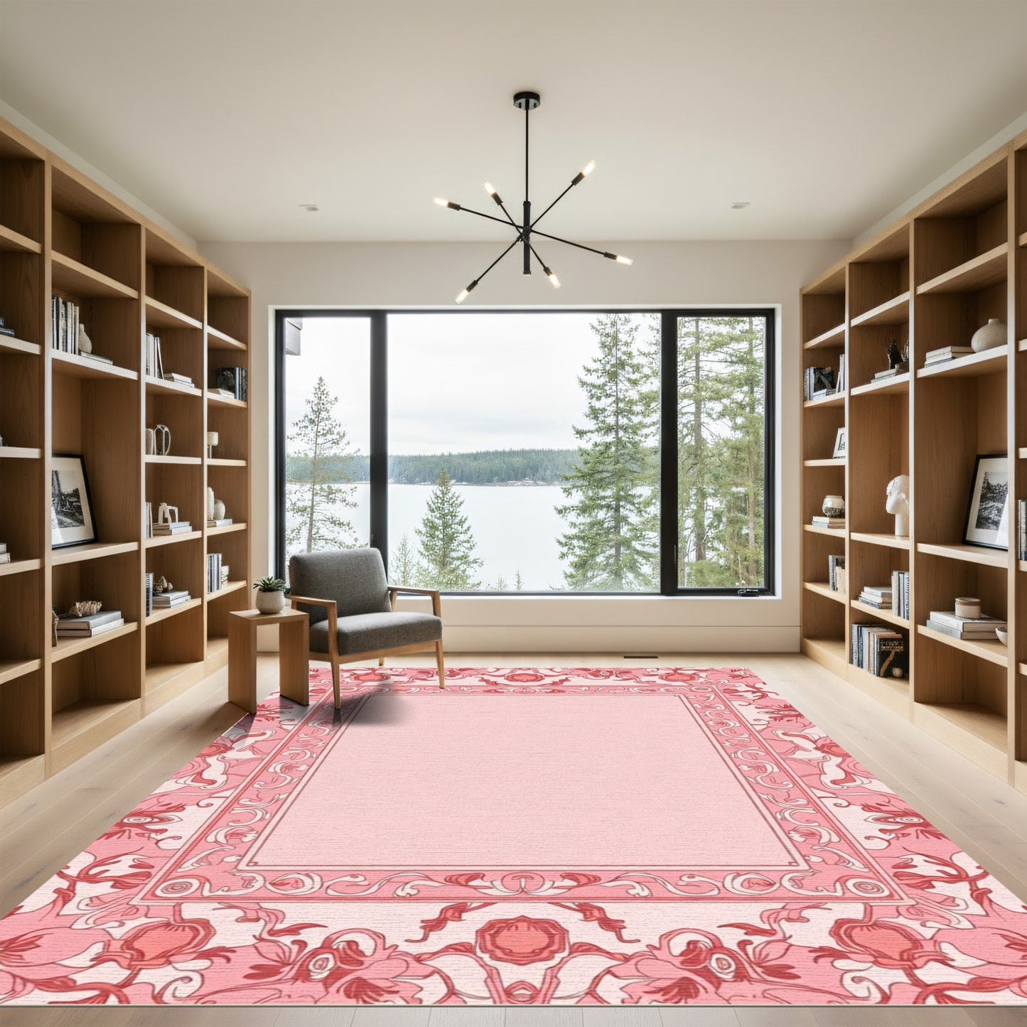 Feminine Coral Floral Scroll Square Rug