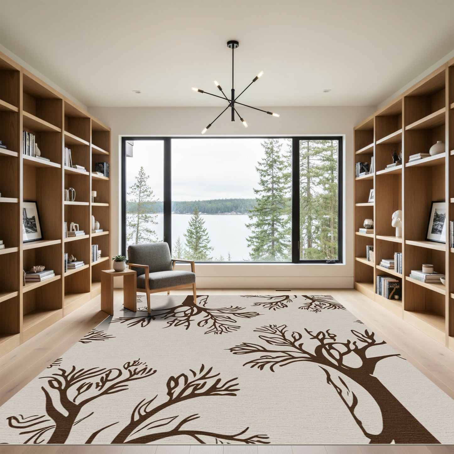 Brown Tree Branches Line Art Rug