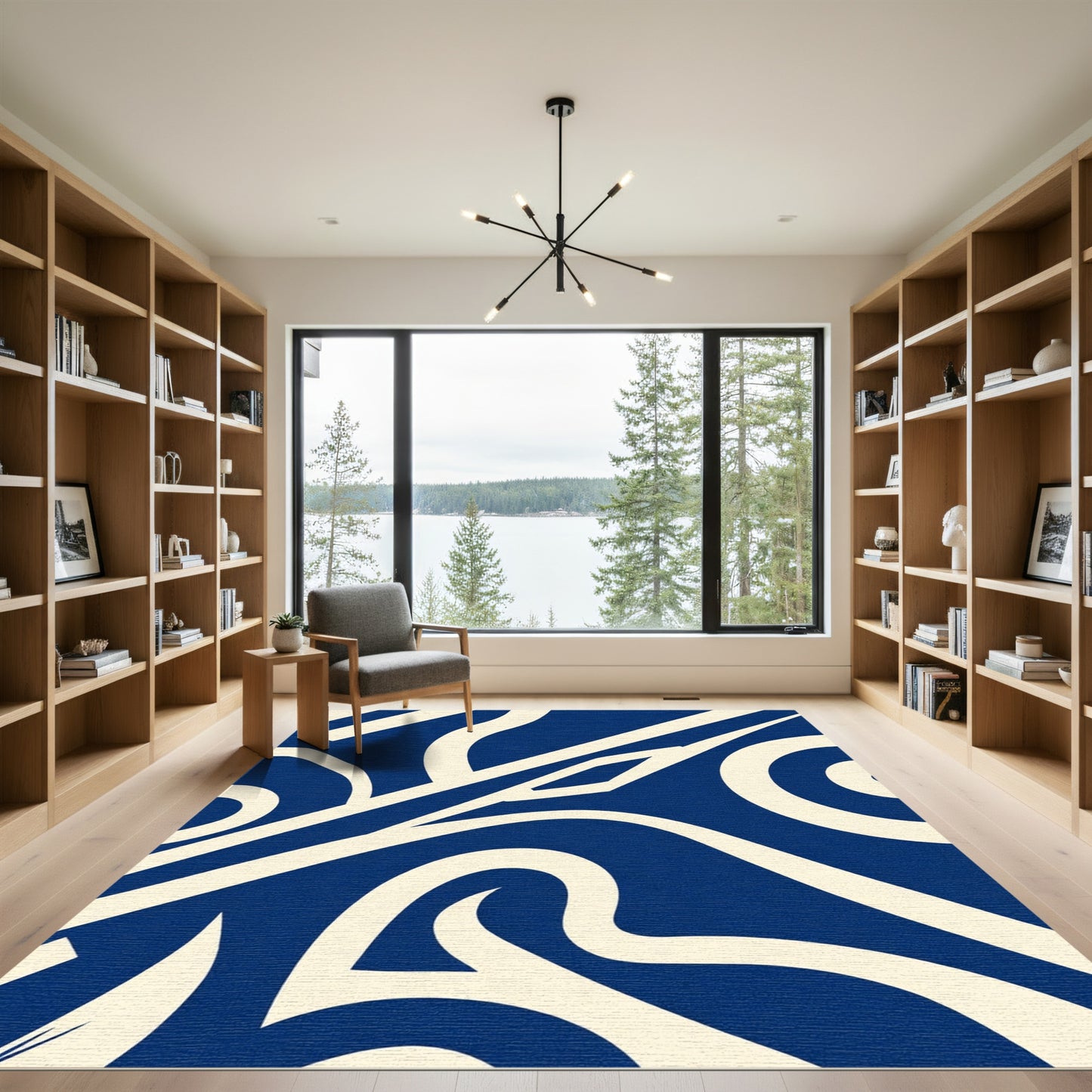 Navy Cream Abstract Swirl Art Rug